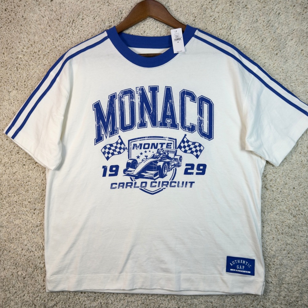 GAP Monaco Racing Tee Womens M White Blue Ringer Oversized Graphic Y2K NWT